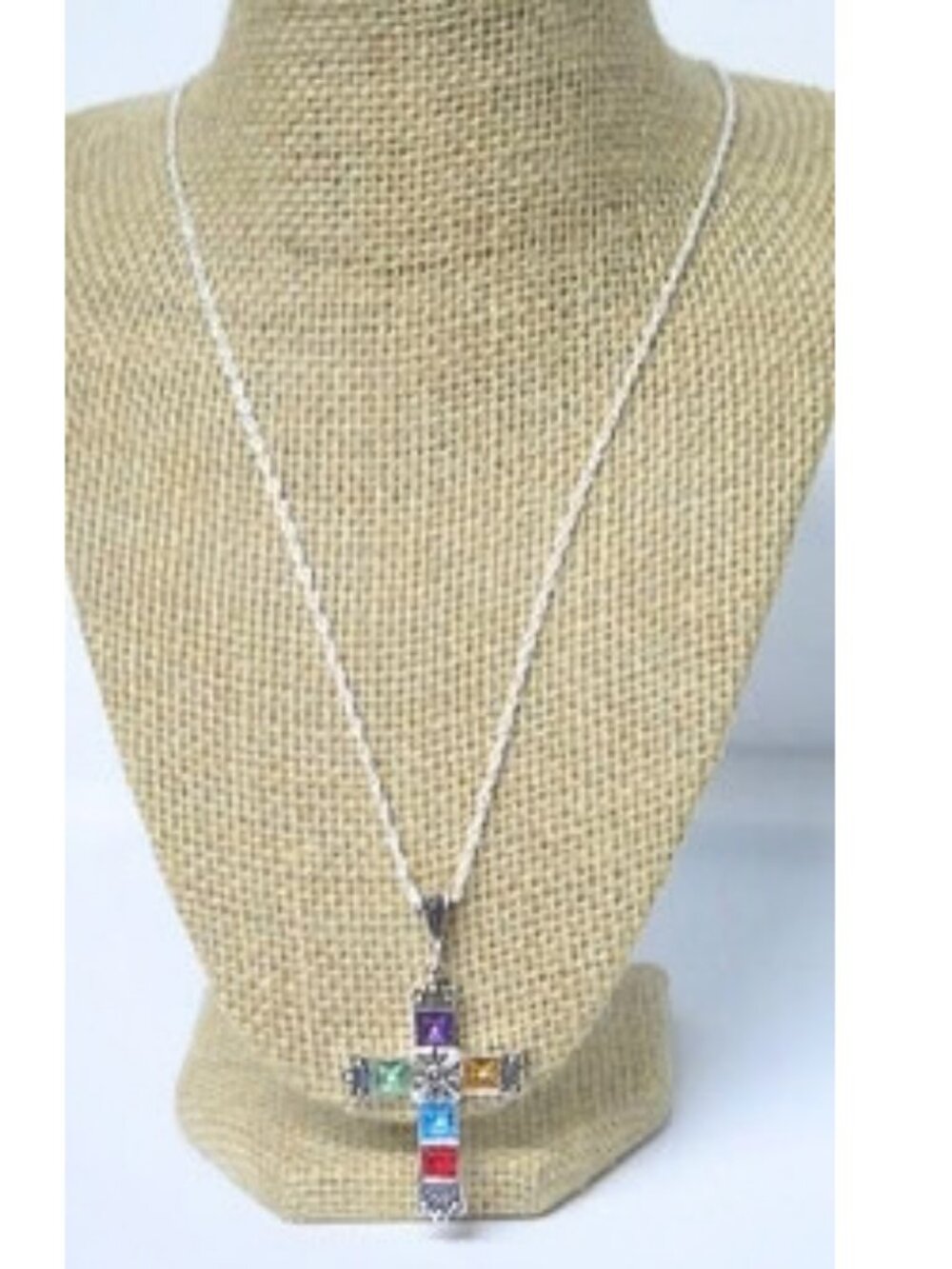 Multicolor Stone Cross Pendant Necklace Ornate Silver Tone New Chain